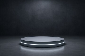 Poster - Modern illuminated stage platform with glowing LED rim in dark studio setting.