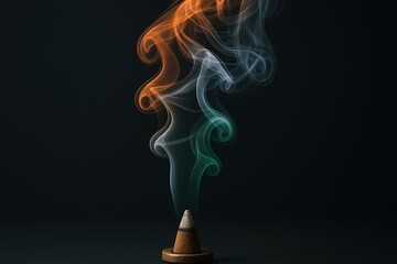 Poster - Abstract colorful smoke rising from a cone isolated on black background with vibrant swirling patterns.
