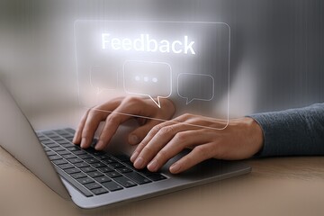 Poster - Person typing on laptop with glowing feedback and comment icons above screen.