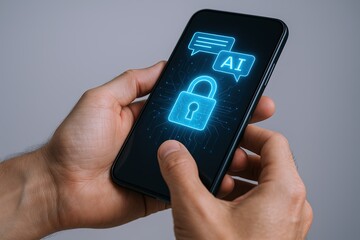 Poster - Modern smartphone displaying digital security lock and artificial intelligence chat icons.