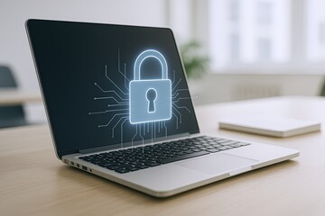 Poster - Laptop displaying digital lock security technology with futuristic circuits and glowing safe icon.