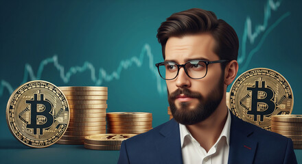 Poster - Man in suit, Bitcoin stacks, and teal background with price chart, illustrating cryptocurrency investment
