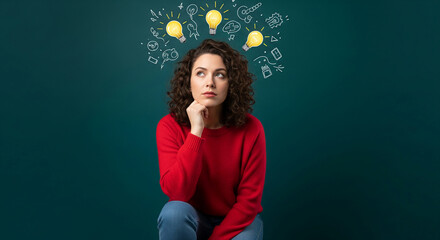 Poster - Woman in red sweater, pensive expression, lightbulbs and doodles above head, symbolizing ideas and brainstorming, teal background, free space