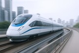 High Speed Modern Bullet Train Traveling on Elevated Track in Urban Cityscape.
