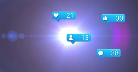 Poster - Opening purple gradient revealing central flare, comment, like, heart and user bubbles counting up
