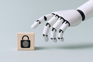 Poster - Close up of a robotic hand with a digital fingerprint lock icon on a wooden block.