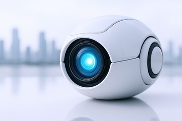 Poster - Futuristic white robot with a glowing blue eye on a reflective surface against urban skyline.