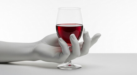 Aufkleber - Gray sculpted hand holding glass of red wine on white background, showcasing elegance and simplicity, ideal for wine-related concepts or advertisement