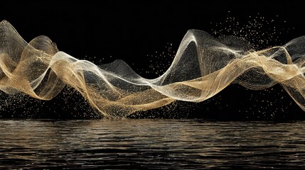 Poster - Abstract design of shimmering gold and white flowing lines on a black background.