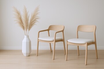 Poster - Minimalist interior design with two wooden chairs and neutral decor in modern room.
