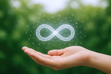 Aufkleber - close up of human hand holding digital infinity symbol with glowing network effect.