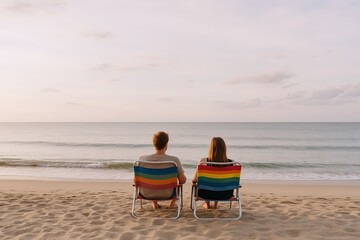 Aufkleber - Two people sitting on beach chairs facing ocean under cloudy sky enjoying peaceful scenery.