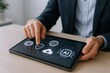 © Generative AI - Businessman using digital tablet with artificial intelligence icons and cloud technology.