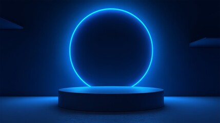Aufkleber - Futuristic abstract 3D blue cylinder podium in dark sci-fi room with semi-circle neon lighting. Modern product display pedestal in digital futuristic environment for branding and presentation