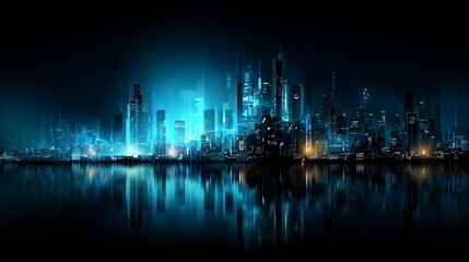 Poster - Futuristic glowing neon cityscape with high-rise buildings and vibrant technology lights on dark blue background representing modern digital urban innovation