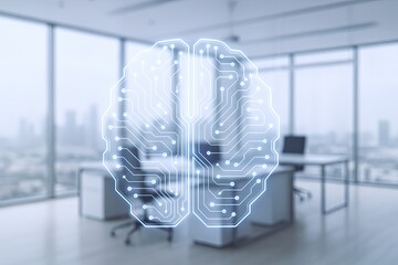 Poster - Modern Technology Concept Displaying Brain with Circuitry in Bright Office Space.