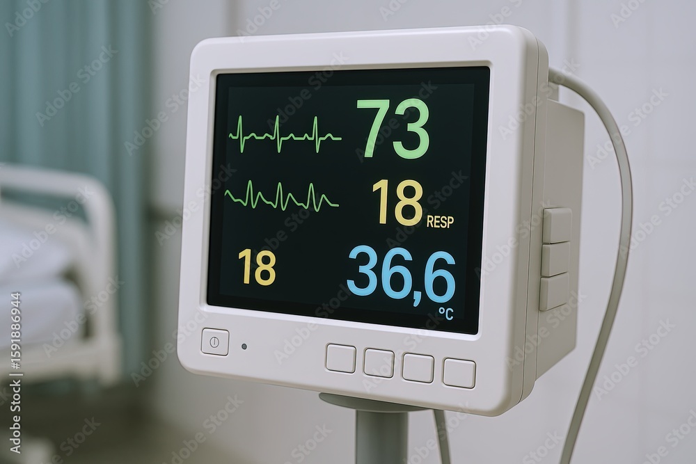 Medical monitor displaying vital signs including heart rate respiratory ...