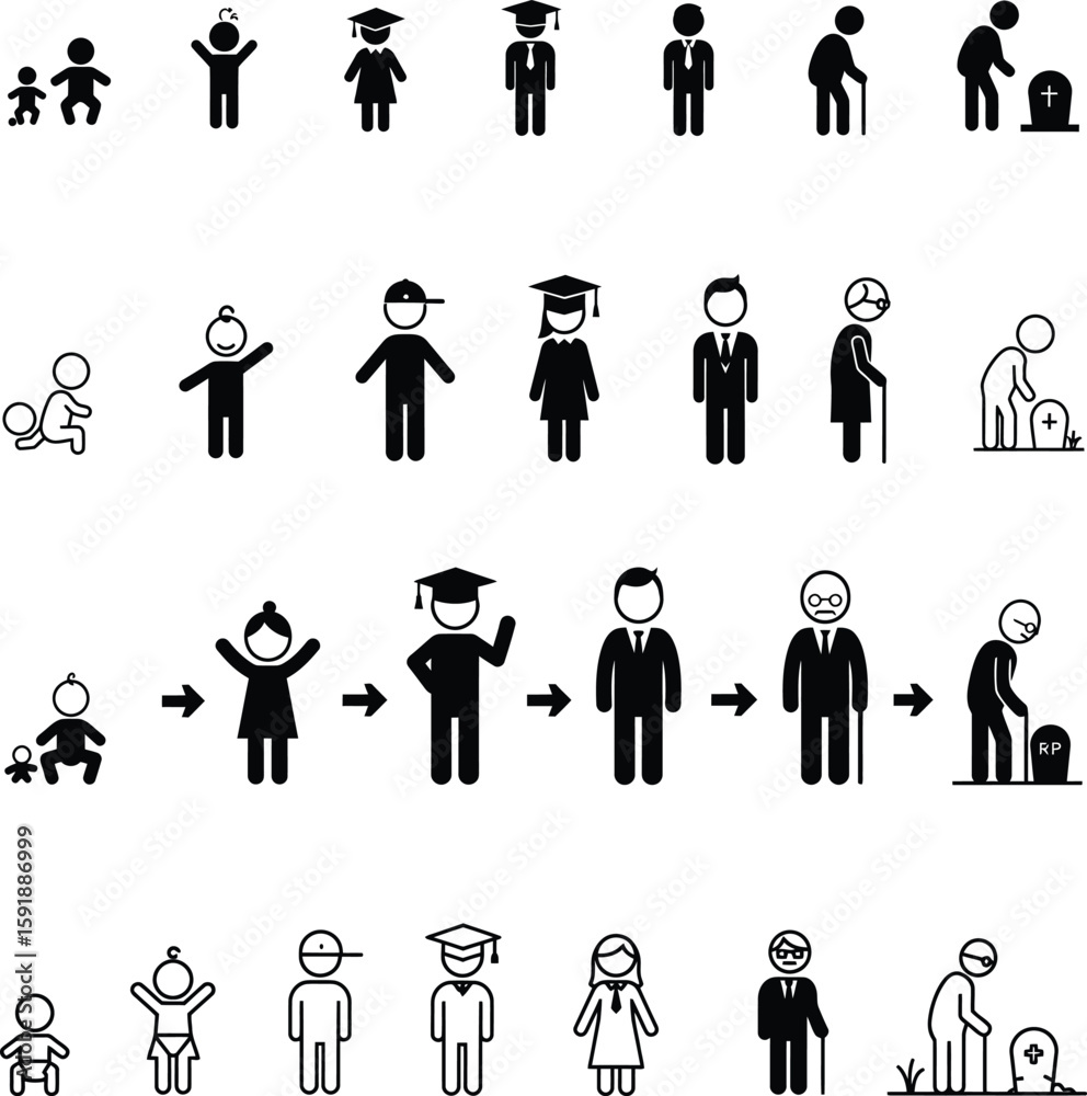 Life Cycle and Aging Process Vector Icon Set, Stages of Human Life ...