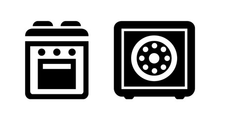Poster - Black and white icons: stove and secure safe, minimalist design.