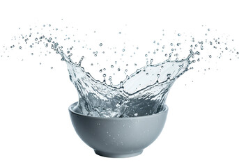 Poster - A dynamic splash of clear water erupts from a grey bowl, isolated on a transparent background