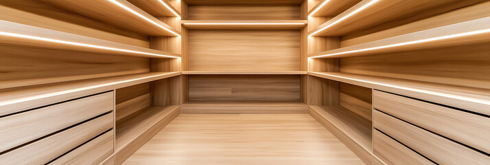Aufkleber - Empty wooden closet shelves, illuminated with LED lights, offer ample storage and a clean design. Organization potential abounds in this tidy space.