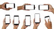 © Greg - multiple human hands with varying skin tones naturally hold modern smartphones with blank white screens, in vertical and horizontal orientations, against a pristine studio white background,