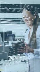 Poster - Animation of data processing over diverse female colleagues discussing work in office