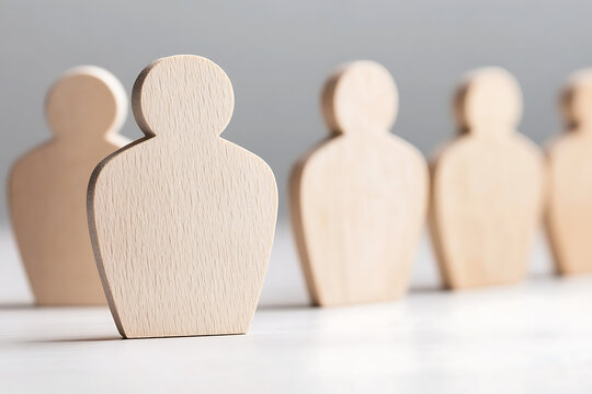 Wooden figures stand in a row, conveying a sense of unity, individuality, and human connection through a minimalist and symbolic representation.