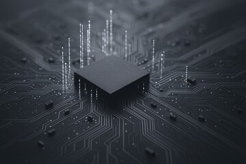 Poster - Close up of a black microchip on a circuit board representing technology and innovation.