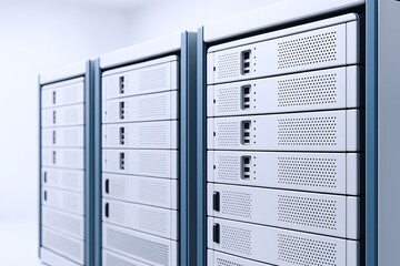 Poster - Modern data center server racks with cooling vents and secure access panels for information technology infrastructure.