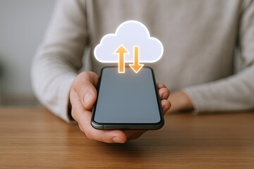 Poster - Person Holding Smartphone with Cloud Upload and Download Icon for Data Transfer.