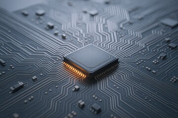 Poster - Close-up of a modern computer processor chip on printed circuit board with intricate pathways.