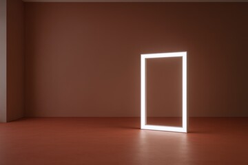 Poster - Minimalist modern interior with illuminated rectangular mirror standing alone on plain wall and floor.