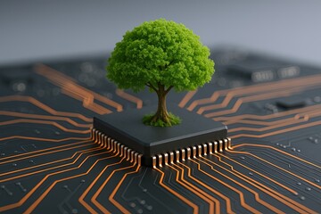 Poster - Close-up of green tree growing on microchip representing technology and nature connection.