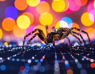 Close-up of spider on web with colorful bokeh