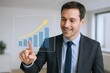 © Generative AI - Businessman in formal suit touching virtual growing graph chart with upward trend arrow.