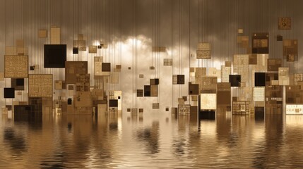 Poster - Suspended rectangular forms over a reflective surface.
