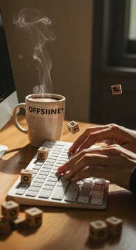 Hands typing on keyboard with coffee