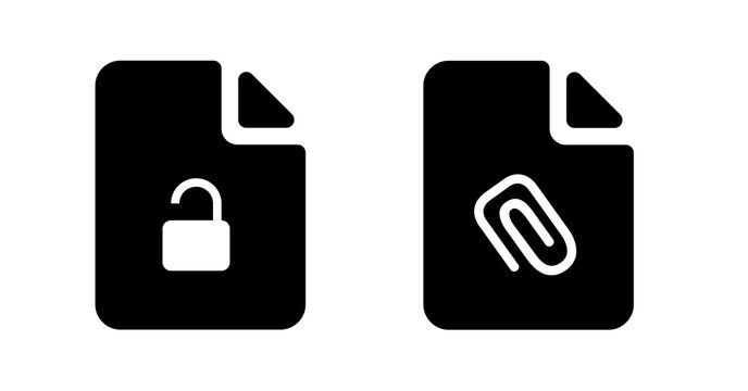 Secure Document Icon: Padlock and Paperclip Symbols, Minimalist Black and White Design