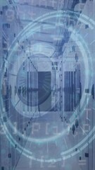 Poster - Animation of round scanner, data processing and light trails against empty computer server room