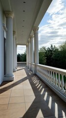 Poster - Stroll through a beautifully designed hallway featuring grand columns and captivating shadows created by sunlight
