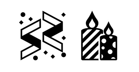 Poster - Abstract geometric ribbon confetti and celebratory candles; bold black and white vector illustration.