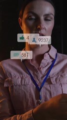 Poster - Animation of social media icons over diverse male and female engineers working at server room