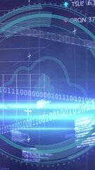 Poster - Animation of computer language, binary codes, trading boards, graphs, padlock in cloud
