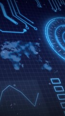 Poster - Animation of graphs, loading circles, map, globe and circuit board pattern over black background
