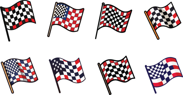 Set of colorful Checkered Flags Signifying Racing, Completion, and Success.