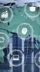 Poster - Animation of icon in circles and rotating globe, graphs, radars over data server room