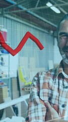 Poster - Animation of red graph processing over portrait of mature caucasian male carpenter in workshop