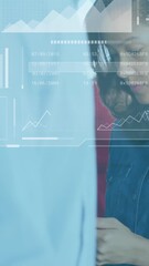 Poster - Animation of graphs, globes, loading bars and circles, asian woman scrolling on digital tablet