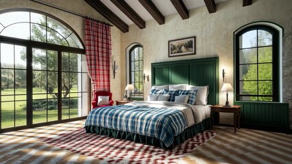 Poster - Explore a beautifully designed cozy bedroom with large windows allowing natural light and a view of lush greenery outside